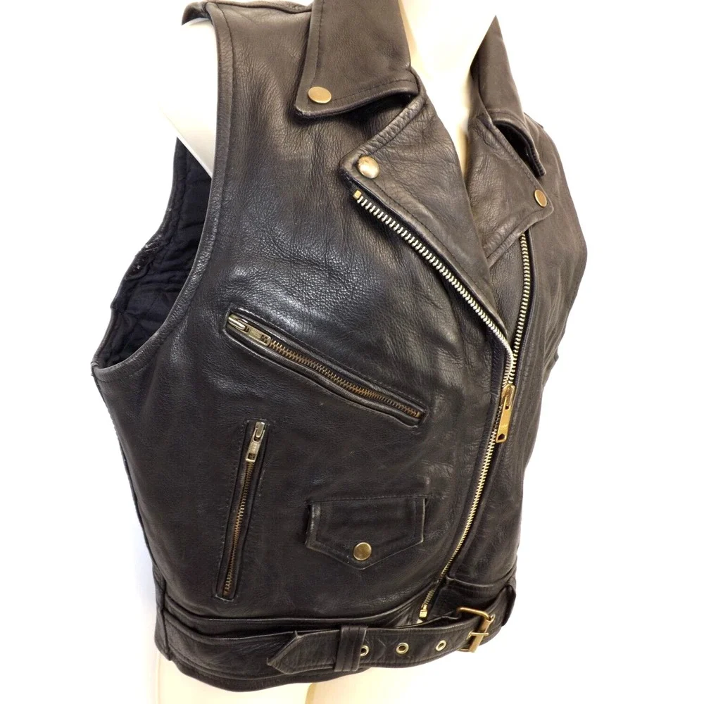Leather Men Real Leather Heavy Black Motorcycle vest - LADIES size LARGE